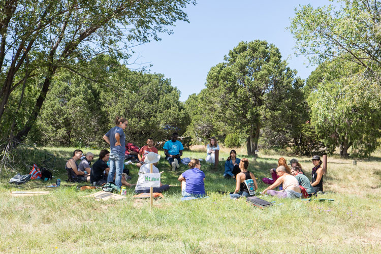 A group of people sit in a grassy field with trees in the background.