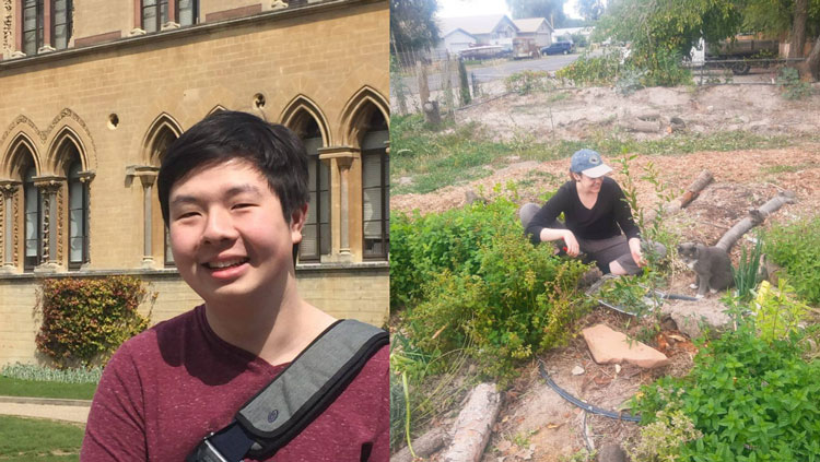 Banner image of the Mellon Fellows. On the left is a Vietnamese American man standing in front of a tan, old building wearing a red shirt and shoulder bag. On the right is a white woman kneeling in garden wearing a black shirt and grey pants next to a grey cat.