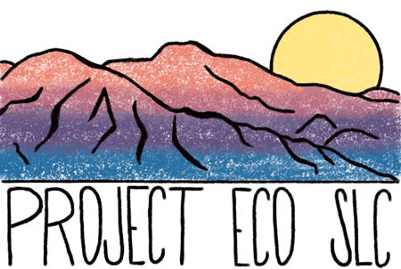 logo of Project Eco SLC with an image of mountains and a sun rising